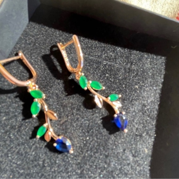 Natural Green and Blue Zircon Flower Drop Earrings 585 Rose Gold Plated New - Picture 8 of 8